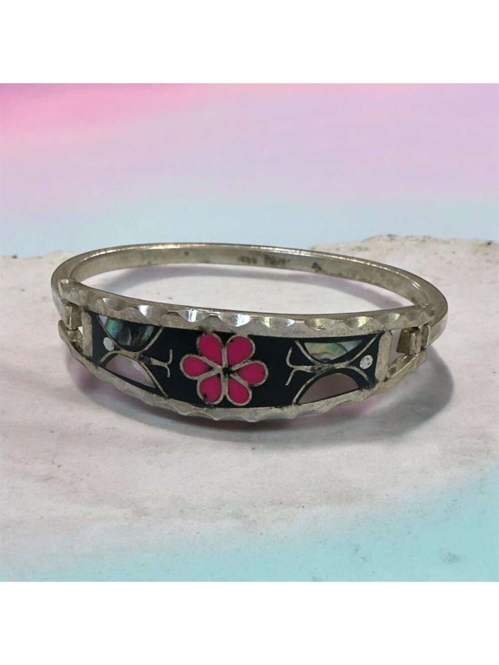 Mexico Sterling Silver 925 Hinged Floral Abalone Inlay Bangle Bracelet Child’s